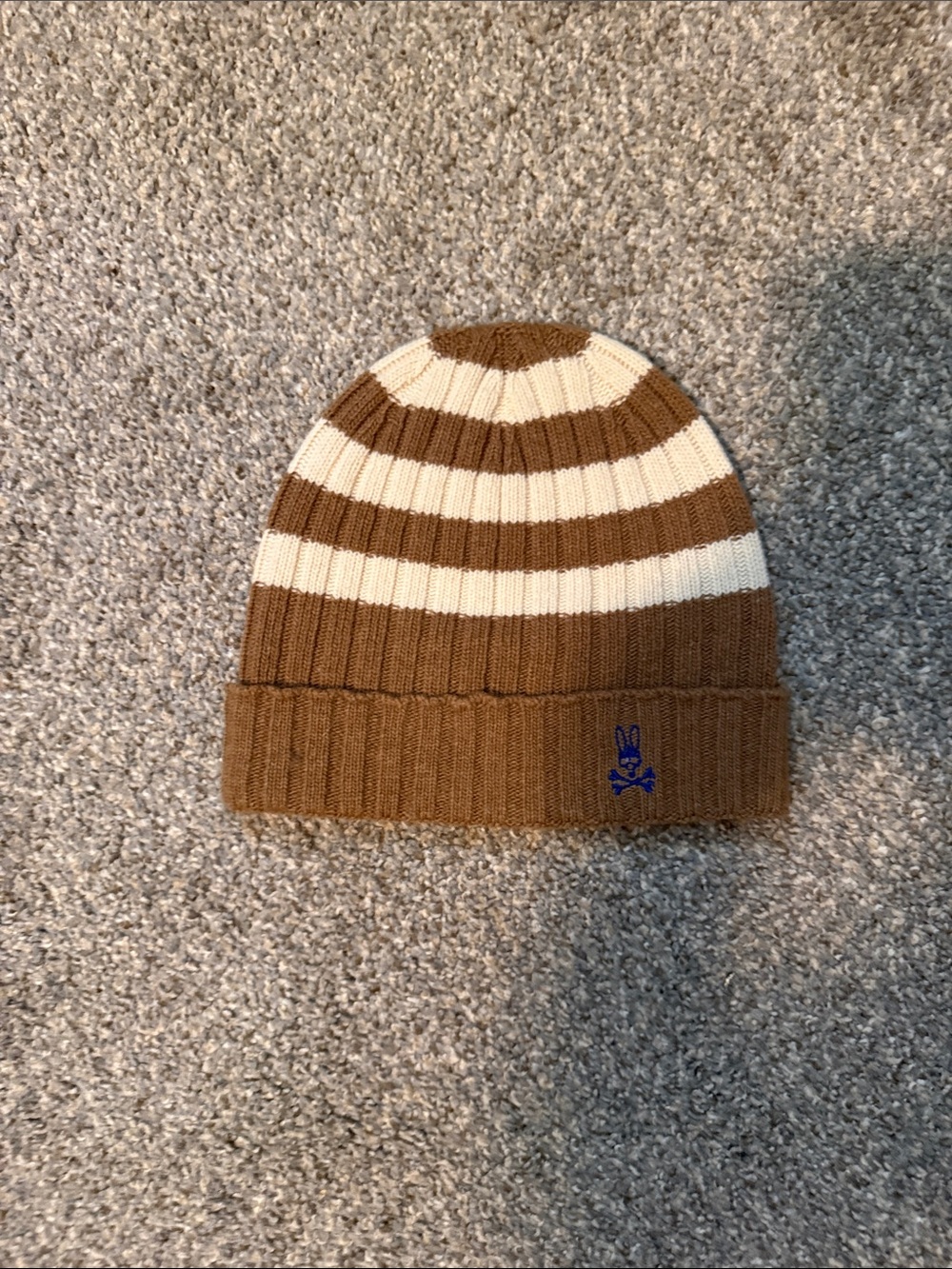 Psycho Bunny Brown and Cream Striped Knit Beanie